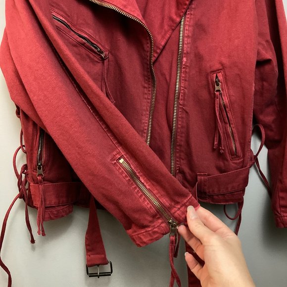 Free People Oversized Red Denim Moto Jacket Size M - Picture 12 of 14